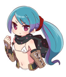 Rule 34 | 1girl, 7th dragon, 7th dragon (series), arm guards, bare shoulders, bikini, black scarf, blue hair, breasts, clenched hand, commentary request, cropped torso, hand up, highres, long hair, looking at viewer, melk (7th dragon), multicolored hair, naga u, navel, parted lips, ponytail, purple hair, red eyes, rogue (7th dragon), scarf, simple background, small breasts, solo, streaked hair, swimsuit, teeth, upper body, upper teeth only, very long hair, white background, white bikini