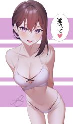 Rule 34 | 1girl, arms behind back, bikini, breasts, brown hair, cleavage, hair behind ear, heart, highres, kuen (kuennn12), large breasts, leaning forward, midriff, navel, original, purple eyes, signature, simple background, solo, speech bubble, striped, striped background, swimsuit, translation request, tsurime