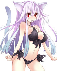 Rule 34 | 1girl, animal ears, bare shoulders, blue hair, blush, body blush, breasts, cat ears, cat tail, cleavage, front-tie top, gradient hair, large breasts, long hair, multicolored hair, navel, original, purple hair, red eyes, saibashi, shiny skin, solo, strap gap, tail