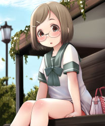 Rule 34 | 1girl, arm support, bag, blue sky, blurry, blurry background, blush, bow, brown eyes, brown hair, cloud, collarbone, commentary request, day, depth of field, dress, glasses, green bow, green sailor collar, hair ornament, hairclip, handbag, ichigo mashimaro, kozue akari, lamppost, looking at viewer, outdoors, parted lips, sailor collar, sailor dress, sakuragi matsuri, short sleeves, sitting, sky, solo, swept bangs, white dress