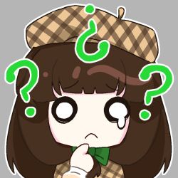 Rule 34 | 1girl, ?, bow, brown hair, chibi, chinese commentary, commentary request, finger to own chin, front ponytail, frown, green bow, grey background, hair bow, long hair, long sleeves, nijiue iroha, no nose, o o, outline, priswocaer, simple background, solo, super danganronpa another 2, teardrop, white outline