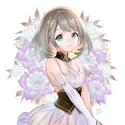Rule 34 | 1girl, aqua eyes, artist name, blue flower, closed mouth, commentary request, corset, cowboy shot, criss-cross halter, detached collar, detached sleeves, dress, floral background, flower, hair ornament, halter dress, halterneck, long sleeves, midori foo, original, pink lips, short hair, silver hair, single detached sleeve, smile, solo, water drop, white dress