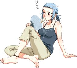 Rule 34 | 00s, 1girl, anklet, arm support, barefoot, blue hair, breasts, camisole, capri pants, covered erect nipples, feet, food, full body, hand fan, jewelry, large breasts, legs, miyu greer, mouth hold, my-hime, nigou, no bra, oekaki, pants, paper fan, popsicle, red eyes, solo, sweat, thighs, toes, uchiwa