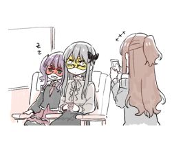 Rule 34 | +++, 3girls, bang dream!, black shirt, black skirt, bowwow (hamju94), brown hair, butterfly hair ornament, cellphone, detached sleeves, drooling, frilled shirt, frills, glaring, grey hair, grey shirt, grey sweater, hair ornament, half updo, holding, holding phone, imai lisa, interlocked fingers, leaning on person, long hair, long sleeves, lowres, minato yukina, multiple girls, own hands together, phone, purple hair, purple skirt, shirt, sidelocks, sitting, skirt, sleep mask, sleeping, smartphone, sweater, taking picture, twintails, udagawa ako, window, zzz