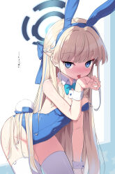 Rule 34 | 1girl, animal ears, bare shoulders, bent over, blonde hair, blue archive, blue bow, blue bowtie, blue eyes, blue hair, blue leotard, blush, bow, bowtie, braid, breasts, cleavage, covered navel, cowboy shot, detached collar, dot nose, fake animal ears, fake tail, french braid, groin, halo, highleg, highleg leotard, highres, isinose (ilxodidli), legs apart, leotard, licking, licking hand, long bangs, looking at viewer, medium breasts, multicolored hair, nose blush, playboy bunny, rabbit ears, rabbit tail, raised eyebrows, smile, solo, straight hair, strapless, strapless leotard, streaked hair, tail, thick thighs, thighhighs, thighs, toki (blue archive), toki (bunny) (blue archive), traditional bowtie, two-tone hair, white thighhighs, white wrist cuffs, wide hips, wrist cuffs