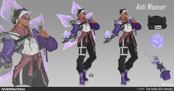 Rule 34 | 1boy, absurdres, alternate costume, beanie, black hat, black pants, closed mouth, commentary, concept art, dark-skinned male, dark skin, derivative work, english commentary, english text, flower, full body, glasses, hat, highres, holding, holding flower, le sserafim, lifeweaver (overwatch), logo, long hair, male focus, mechanical arms, nirvan0211, open hands, overwatch, overwatch 2, pants, purple footwear, purple sleeves, simple background, single mechanical arm, solo, white hair