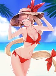 Rule 34 | 1girl, beach, bikini, blush, bow, breasts, brown hair, clarisse (granblue fantasy), cleavage, closed mouth, cowboy shot, day, front-tie bikini top, front-tie top, granblue fantasy, green eyes, hair bow, hands on headwear, hat, hat bow, horizon, long hair, looking at viewer, medium breasts, navel, outdoors, ponytail, red bikini, remora180, side-tie bikini bottom, smile, solo, straw hat, sun hat, swept bangs, swimsuit, very long hair