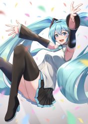 Rule 34 | 1girl, :d, absurdres, armpits, black footwear, black skirt, black sleeves, blue eyes, blue hair, blue necktie, blush, boots, collared shirt, detached sleeves, dress shirt, floating hair, hair between eyes, hair ornament, hatsune miku, highres, long hair, long sleeves, looking at viewer, miniskirt, necktie, open mouth, outstretched arms, outstretched hand, painapo, pleated skirt, shirt, skirt, sleeveless, sleeveless shirt, smile, solo, thigh boots, thighhighs, twintails, very long hair, vocaloid, white shirt, wing collar, zettai ryouiki