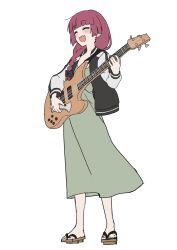 Rule 34 | 1girl, black jacket, black nails, blush, bocchi the rock!, bow, braid, closed eyes, commentary request, dress, ear piercing, flat chest, full body, geta, green dress, guitar, hair bow, highres, hiroi kikuri, holding, holding instrument, instrument, jacket, long hair, long sleeves, mandei (nao 1234567), music, open clothes, open jacket, open mouth, piercing, playing instrument, red hair, sharp teeth, simple background, single braid, sketch, solo, teeth, upper teeth only, white background
