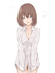 Rule 34 | 1girl, arutoria (187497382), bad id, bad pixiv id, blush, bottomless, breasts, brown hair, cleavage, commentary request, cowboy shot, dress shirt, embarrassed, fang, female pubic hair, frown, gluteal fold, head tilt, highres, long sleeves, looking at viewer, medium breasts, naked shirt, open mouth, partial commentary, pubic hair, pussy, saki (manga), shirt, shirt tug, short hair, simple background, solo, standing, steam, unozawa shiori, white background, white shirt, wing collar