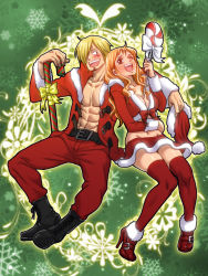 Rule 34 | 1boy, 1girl, :d, abs, blonde hair, blush, breasts, brown eyes, christmas, cleavage, facial hair, fur trim, hair over one eye, high heels, jacket, kuri (pienu), miniskirt, nami (one piece), one eye closed, one piece, open clothes, open jacket, open mouth, orange hair, pectorals, red thighhighs, sanji (one piece), skirt, smile, thighhighs, wink