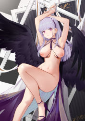 Rule 34 | 1girl, absurdres, armpits, arms up, azur lane, bangs, bare legs, bird wings, black feathers, blunt bangs, blush, breasts, chinese commentary, choker, cowboy shot, criss-cross halter, dido (azur lane), eyebrows visible through hair, eyelashes, feathered wings, flyyao, hairband, halterneck, high heels, highres, light purple hair, lips, long hair, looking at viewer, medium breasts, navel, nipples, nude, purple choker, purple footwear, purple hair, purple ribbon, ribbon, skindentation, solo, stomach, straight hair, thighs, white ribbon, wings