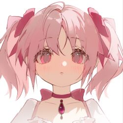 Rule 34 | 1girl, absurdres, blush, bow, bow choker, choker, hair bow, highres, kaname madoka, magical girl, mahou shoujo madoka magica, mahou shoujo madoka magica (anime), pink bow, pink choker, pink eyes, pink gemstone, pink hair, short hair, short twintails, sliencio, solo, twintails, white background