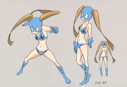 Rule 34 | 10s, 1girl, bikini, boots, character sheet, extra, fighting stance, hair tubes, kill la kill, mask, official art, simple background, smile, sushio, swimsuit, twintails, wrestler