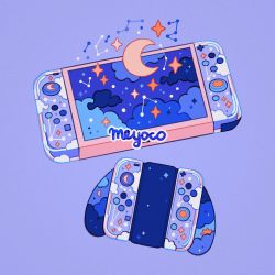 Rule 34 | artist name, bad id, bad twitter id, blue background, cloud, cloud print, cloudy sky, constellation, controller, crescent moon, handheld game console, joy-con, meyoco, moon, nintendo switch, no humans, original, simple background, sky, star (sky)