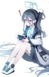 Rule 34 | !, 1girl, absurdres, aqua halo, aqua necktie, aris (blue archive), bilibilida, black hair, black hairband, black jacket, black skirt, blue archive, blue eyes, blue halo, collarbone, controller, game controller, hair between eyes, hairband, halo, highres, holding, holding controller, holding game controller, jacket, legs, long hair, long sleeves, multicolored clothes, multicolored jacket, necktie, pleated skirt, rectangular halo, shoes, side ponytail, simple background, sitting, skirt, sneakers, solo, sparkling eyes, two-tone jacket, very long hair, white background, white footwear, white jacket