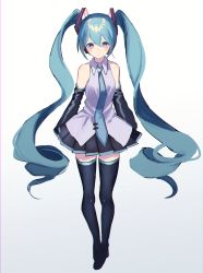 Rule 34 | 1girl, black footwear, black skirt, black sleeves, blue hair, blue necktie, blush, boots, brown eyes, collared shirt, detached sleeves, dress shirt, floating hair, full body, grey shirt, hair between eyes, hair ornament, hatsune miku, highres, long hair, long sleeves, looking at viewer, miniskirt, necktie, p2 (uxjzz), pleated skirt, shirt, simple background, sketch, skirt, sleeveless, sleeveless shirt, solo, standing, thigh boots, thighhighs, twintails, very long hair, vocaloid, white background, wing collar, zettai ryouiki