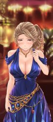 Rule 34 | 10s, angry, belt, blush, breasts, brown eyes, chandelier, covered navel, dress, earrings, covered erect nipples, evening gown, frown, granblue fantasy, highres, indoors, jewelry, katalina (granblue fantasy), large breasts, nail polish, navel, necklace, nightgown, no bra, ponytail, shiro (maple syrup9), side ponytail