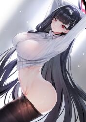 Rule 34 | 1girl, absurdres, arms up, ass, black hair, black pantyhose, blue archive, blush, breasts, bright pupils, closed mouth, from side, hair ornament, halo, highres, large breasts, long hair, long sleeves, looking at viewer, looking to the side, navel, pantyhose, red eyes, rio (blue archive), smile, solo, sweater, teddy (khanshin), turtleneck, turtleneck sweater, white pupils, white sweater