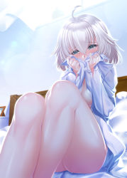 Rule 34 | 1girl, ahoge, ass, azur lane, blue eyes, blush, breasts, commentary request, covered mouth, covering own mouth, curtains, dress shirt, eyebrows hidden by hair, hair flaps, highres, ken ill, large breasts, light particles, light rays, manjuu (azur lane), morning, naked shirt, no headwear, oklahoma (azur lane), on bed, open clothes, open shirt, photo (object), pillow, shirt, silhouette, sitting, sweat, thighs, unbuttoned sleeves, white curtains, white hair, white shirt, wind, window
