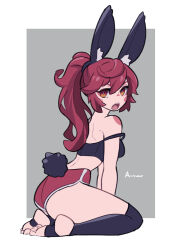 Rule 34 | 1girl, amazu (kurozu), animal ear fluff, animal ears, ass, black camisole, black hairband, black thighhighs, blush stickers, breasts, camisole, commentary, eyebrows hidden by hair, fake animal ears, from side, grey background, hair between eyes, hairband, long hair, looking at viewer, looking to the side, mari (amazu), medium breasts, no shoes, open mouth, original, over-kneehighs, ponytail, rabbit ears, rabbit tail, red eyes, red hair, red shorts, short eyebrows, short shorts, shorts, signature, soles, solo, stirrup legwear, strap slip, tail, thick eyebrows, thighhighs, toeless legwear, toes, two-tone background, very long hair, white background