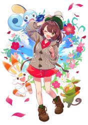Rule 34 | &gt; &lt;, 1girl, :d, ;d, arm up, backpack, bad id, bad pixiv id, bag, blue sky, blush, boots, brown eyes, brown footwear, brown hair, cardigan, closed eyes, cloud, cloudy sky, collared dress, creatures (company), day, dress, flower, game freak, gen 8 pokemon, gloria (pokemon), green headwear, green legwear, grey cardigan, grookey, hand on headwear, hat, kimitoshiin, long sleeves, nintendo, one eye closed, open mouth, petals, pink flower, plaid, plaid legwear, pokemon, pokemon (creature), pokemon swsh, puffy long sleeves, puffy sleeves, red dress, red flower, round teeth, scorbunny, sky, smile, sobble, socks, standing, standing on one leg, starter pokemon trio, tam o&#039; shanter, teeth, upper teeth only, white background, white flower, xd