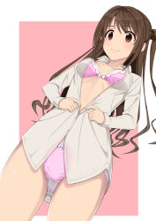 Rule 34 | 1girl, absurdres, bow, bow bra, bow panties, bra, brown eyes, brown hair, closed mouth, collared shirt, commentary, cowboy shot, crotch seam, dress shirt, dutch angle, highres, idolmaster, idolmaster cinderella girls, idolmaster cinderella girls starlight stage, k-ya., long hair, long sleeves, looking at viewer, no pants, one side up, outside border, panties, pink background, pink bra, pink panties, shimamura uzuki, shirt, smile, solo, standing, unbuttoned, unbuttoned shirt, underwear, undressing, white shirt