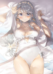 Rule 34 | 1girl, bare legs, bare shoulders, blue eyes, blush, breasts, closed mouth, cowboy shot, earrings, flower, grey hair, hair flower, hair ornament, highres, jewelry, kantai collection, long hair, medium breasts, official alternate costume, one-piece swimsuit, petals, sagiri (kancolle), solo, swimsuit, toka (marchlizard), white flower, white one-piece swimsuit