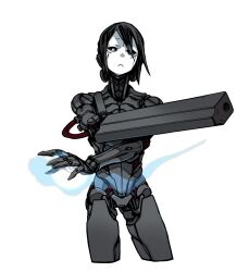 Rule 34 | 1girl, arm cannon, aura, black sclera, blame!, cable, colored sclera, commentary, cropped legs, crossed arms, cyborg, facial mark, hair over one eye, highres, joints, looking at viewer, outstretched arms, pale skin, robot joints, sanakan, simple background, solo, soo05120512, weapon, white background, white eyes