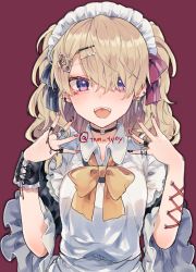 Rule 34 | 1girl, blonde hair, bow, bowtie, choker, collared shirt, corset piercing, cut-here line, female focus, hair over one eye, highres, ikeuchi tanuma, looking at viewer, maid, multicolored nails, nail polish, piercing, purple eyes, red background, shirt, simple background, solo, yellow bow, yellow bowtie