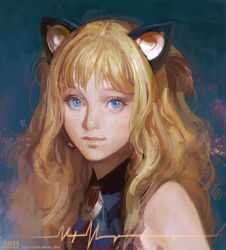 Rule 34 | 1girl, animal ears, artist name, bad id, bad pixiv id, bare shoulders, blonde hair, cat ears, face, fake animal ears, faux traditional media, light smile, microphone, oh dbd, realistic, seeu, solo, vocaloid, watermark, web address