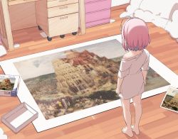 Rule 34 | 1girl, ahoge, barefoot, blue hair, commentary request, desk, facing away, failure, from behind, highres, idolmaster, idolmaster cinderella girls, indoors, jigsaw puzzle, multicolored hair, off shoulder, on floor, pink hair, puzzle, shirt, short hair, solo, standing, tower of babel, two-tone hair, white shirt, wooden floor, yukie (kusaka shi), yumemi riamu