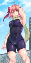 Rule 34 | 1girl, arios (orochi yuta), armpits, breasts, cameltoe, green eyes, highres, nontraditional school swimsuit, one-piece swimsuit, original, pink hair, scarf, school swimsuit, short hair, sideboob, solo, standing, swimsuit, unitard