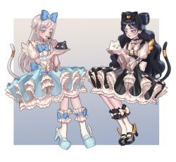Rule 34 | + +, 2girls, absurdres, black bow, black dress, black footwear, black hair, blue bow, blue dress, blue footwear, bow, cat tail, colored eyelashes, commentary request, confused, dress, eating, foodification, frilled dress, frills, full body, hair between eyes, hair bow, hair intakes, high heels, highres, kiratto pri chan, long hair, long sleeves, luluna (pri chan), multiple girls, open mouth, plate, pretty series, shoes, siblings, sisters, smile, socks, solulu, tail, twins, very long hair, white hair, white socks, yellow eyes, yuiitsu
