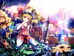 Rule 34 | 1girl, adapted costume, bird, blonde hair, building, city, collarbone, dress, finger to mouth, flandre scarlet, hat, looking at viewer, red dress, red eyes, sitting, skull, skyscraper, sleeveless, sleeveless dress, solo, tenhenoboru, touhou, tree, tree stump, wall, wariza, wings