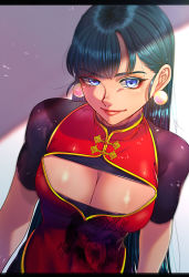 Rule 34 | 1girl, absurdres, blue eyes, blue hair, breasts, china dress, chinese clothes, cleavage, cleavage cutout, clothing cutout, commentary request, dress, earrings, highres, jewelry, large breasts, lips, long hair, looking at viewer, original, short sleeves, solo, tontoro (toropig-thunder), upper body