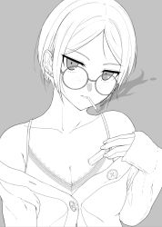 Rule 34 | 1girl, bra, breasts, cigarette, cleavage, earrings, fingernails, freckles, frilled bra, frills, glasses, grey background, greyscale, head tilt, hi iro, holding, holding lighter, jewelry, lighter, long sleeves, looking at viewer, monochrome, mouth hold, off shoulder, original, parted bangs, parted lips, round eyewear, short hair, simple background, sleeves past wrists, smoke, smoking, solo, unbuttoned, underwear, upper body