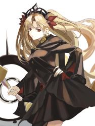 Rule 34 | 1girl, absurdres, bad id, bad twitter id, black dress, blonde hair, breasts, commentary request, dress, earrings, ereshkigal (fate), ereshkigal (third ascension) (fate), fate/grand order, fate (series), floating hair, hair ribbon, hand on own hip, highres, holding, holding polearm, holding weapon, hoop earrings, jewelry, kou (184756o), long hair, looking at viewer, medium breasts, meslamtaea (weapon), parted bangs, polearm, red eyes, red ribbon, ribbon, simple background, skull, solo, spear, tiara, two side up, very long hair, weapon, white background, wide sleeves
