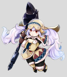 Rule 34 | 1girl, absurdres, azur lane, brown gloves, chestnut mouth, fur trim, gloves, grey background, hat, highres, laffey (azur lane), long hair, long sleeves, monster hunter (series), red eyes, simple background, solo, tadai nu, twintails, war hammer, weapon, white hair