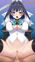 Rule 34 | 1boy, 1girl, ass, black thighhighs, blue eyes, blue hair, blush, bottomless, breasts, cum, cum in pussy, earrings, floating headgear, hairband, headgear, hetero, highres, hololive, hololive english, jewelry, navel, nt00, open mouth, ouro kronii, cum overflow, penis, puffy sleeves, pussy, sex, short hair, spread legs, teeth, testicles, thighhighs, vaginal, virtual youtuber