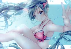 Rule 34 | 1girl, bikini, bikini top only, blue background, blue eyes, blue hair, bow, bracelet, breasts, cleavage, closed mouth, collarbone, floating hair, from side, hair between eyes, hair bow, hair ornament, hatsune miku, highres, jewelry, long hair, medium breasts, necklace, red bow, shiomizu (swat), smile, solo, striped bikini, striped clothes, swept bangs, swimsuit, very long hair, vocaloid