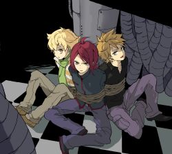 3boys barry_(pokemon) blonde_hair blue_oak bound brown_hair creatures_(company) game_freak jacket lastgray male_focus multiple_boys nintendo pants pokemon pokemon_dppt pokemon_frlg pokemon_hgss red_hair scarf shoes silver_(pokemon) sitting smile sweat tied_up_(nonsexual) yellow_eyes