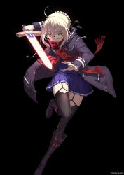 Rule 34 | 1girl, ahoge, artist name, artoria pendragon (all), artoria pendragon (fate), black-framed eyewear, black background, black ribbon, black thighhighs, blonde hair, blue skirt, boots, braid, coat, covered mouth, duffel coat, excalibur (fate/stay night), fame peera, fate/grand order, fate (series), french braid, fringe trim, full body, garter straps, glasses, hair between eyes, hair ribbon, highres, holding, holding sword, holding weapon, knee boots, long sleeves, looking at viewer, mysterious heroine x alter (fate), mysterious heroine x alter (first ascension) (fate), neckerchief, plaid, plaid scarf, pleated skirt, red neckerchief, red scarf, ribbon, saber (fate), scarf, school uniform, semi-rimless eyewear, serafuku, short hair with long locks, sidelocks, simple background, skirt, solo, standing, standing on one leg, sword, thighhighs, under-rim eyewear, weapon, yellow eyes