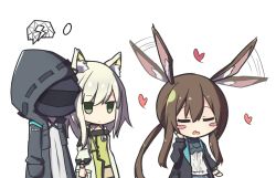 Rule 34 | 1other, 2girls, amiya (arknights), animal ear fluff, animal ears, arknights, ascot, black jacket, blank eyes, blush, brown hair, cat ears, commentary request, doctor (arknights), dress, closed eyes, green dress, green eyes, hair between eyes, hands in pockets, heart, jacket, kal&#039;tsit (arknights), long hair, looking at viewer, mask, multiple girls, open clothes, open jacket, open mouth, rabbit ears, shirt, simple background, stethoscope, toro th, watch, white background, white hair, white jacket, white shirt, wristwatch