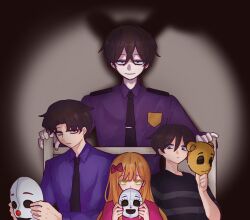 Rule 34 | 1girl, 3boys, bad id, bad pixiv id, badge, bear mask, black shirt, blue eyes, bow, brown hair, character mask, circus baby (fnaf), closed mouth, clown mask, clown nose, collared shirt, commentary, crying child (fnaf), different shadow, elizabeth afton, ennard, family, five nights at freddy&#039;s, five nights at freddy&#039;s: sister location, five nights at freddy&#039;s 4, golden freddy, green eyes, hair between eyes, hair bow, half-closed eyes, highres, hiji (hijichan), holding, holding mask, korean commentary, long hair, long sleeves, looking at viewer, mask, michael afton, multiple boys, necktie, orange hair, pink bow, pink shirt, purple shirt, security guard, shirt, short hair, simple background, smile, spoilers, springtrap, tie clip, upper body, william afton
