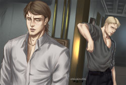 Rule 34 | 2boys, artist name, belt, black belt, black pants, blonde hair, brown eyes, brown hair, closed mouth, collared shirt, facial hair, grey shirt, highres, jean kirstein, looking at another, male focus, multiple boys, pants, parted lips, pectoral cleavage, pectorals, reiner braun, shingeki no kyojin, shirt, short hair, sleeves rolled up, stubble, urielbeaupre15, white shirt