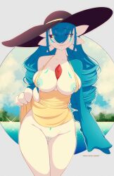 Rule 34 | 1girl, artist name, bare shoulders, black hat, black sclera, blue hair, blue nipples, blue skin, blue sky, body markings, breasts, clitoris, closed mouth, clothes lift, cloud, collarbone, colored nipples, colored sclera, colored skin, commission, cowboy shot, creatures (company), day, dress, dress lift, drill hair, eyes visible through hair, facial mark, female focus, game freak, gardevoir, gen 3 pokemon, glowing, glowing eyes, gluteal fold, groin, hair between eyes, hand up, happy, hat, large breasts, large hat, lifting own clothes, long hair, multicolored skin, nintendo, nipple slip, nipples, outdoors, outline, patreon username, peach-cup, pokemon, pokemon (creature), pussy, short dress, sidelocks, skindentation, sky, sleeveless, sleeveless dress, smile, solo, split mouth, standing, straight-on, sun hat, thighs, twin drills, twitter username, two-tone skin, watermark, whisker markings, white outline, white skin, yellow dress, yellow eyes