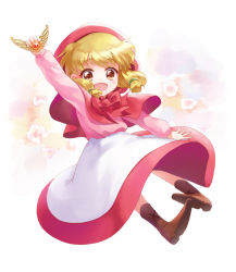Rule 34 | 1990s (style), 1girl, :d, akazukin chacha, amulet, apron, arm at side, arm up, blonde hair, blush, boots, brown eyes, brown footwear, chacha (akazukin chacha), child, cloak, cross-laced footwear, dot nose, eyelashes, floating, floral background, flower, full body, hair ornament, hood, long skirt, long sleeves, looking at viewer, low twintails, moai (aoh), neck ribbon, open mouth, pink shirt, puffy sleeves, red hood, red ribbon, red skirt, retro artstyle, ribbon, shirt, shoe soles, short hair, skirt, smile, solo, tareme, twintails, waist apron, white apron, white background