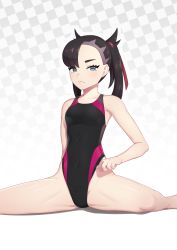 Rule 34 | 1girl, absurdres, aqua eyes, bare arms, black hair, breasts, competition swimsuit, creatures (company), dress, earrings, flexible, game freak, groin, hair ribbon, half-closed eyes, highleg, highleg swimsuit, highres, jewelry, looking at viewer, marnie (pokemon), nintendo, one-piece swimsuit, pokemon, pokemon swsh, putcher, ribbon, short twintails, split, spread legs, swimsuit, twintails
