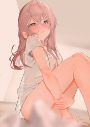Rule 34 | 1girl, absurdres, bare legs, blush, breasts, closed mouth, convenient censoring, crossed bangs, frown, hair between eyes, highres, hugging own legs, inui sajuna, knees to chest, knees up, long hair, naked shirt, nuda, pink eyes, pink hair, see-through, shirt, sitting, small breasts, solo, sono bisque doll wa koi wo suru, wet, wet clothes, white shirt